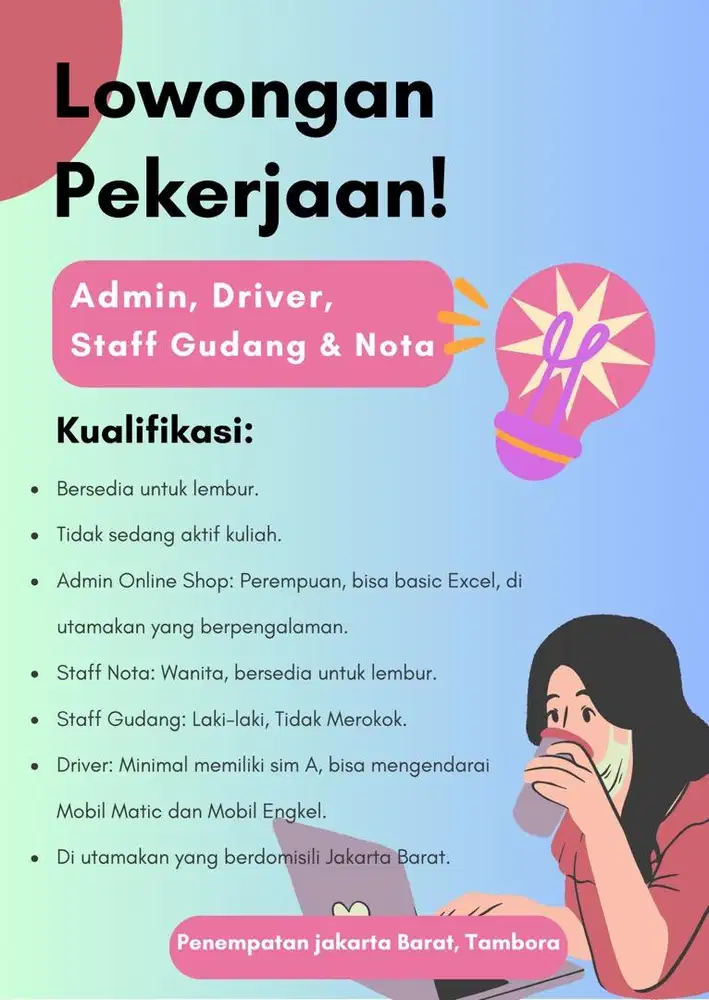 Dibuka Lowongan Posisi Staff Nota,Gudang,driver, Admin