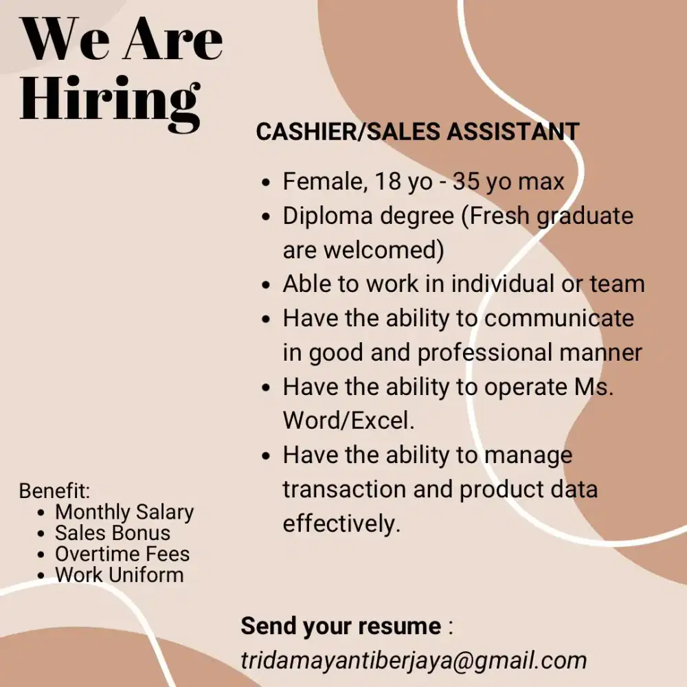 Dibutuhkan kasir toko segera