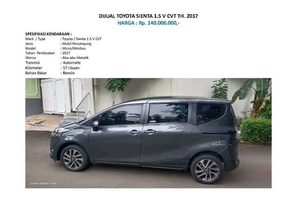 DIJUAL TOYOTA SIENTA 1.5 V CVT TH. 2017