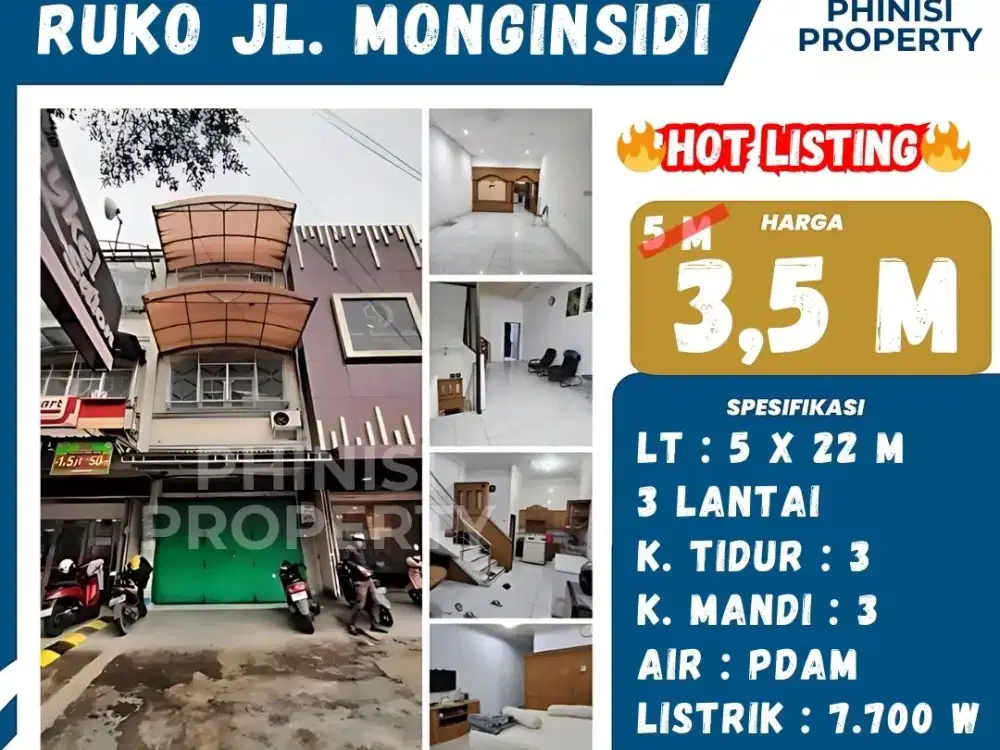Dijual Ruko Strategis di Jl. Monginsidi, Dekat Pusat Perbelanjaan dan Akses Utama