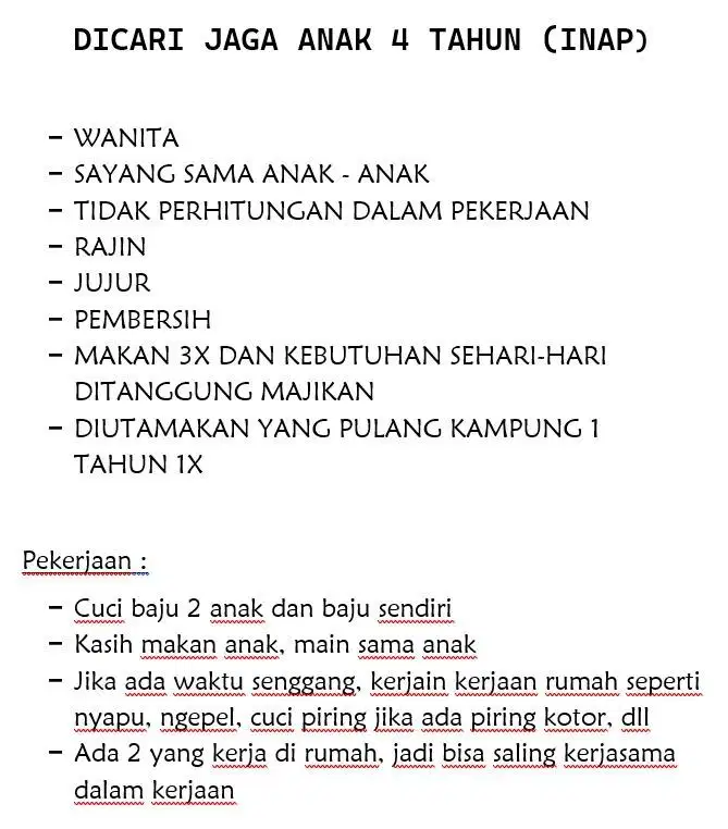 Dicari jaga anak inap