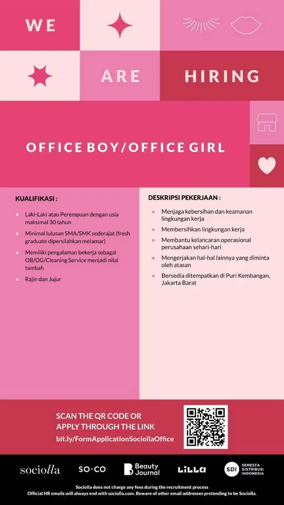LOWONGAN KERJA OFFICE BOY / OFFICE GIRL PT SOCIAL BELLA INDONESIA
