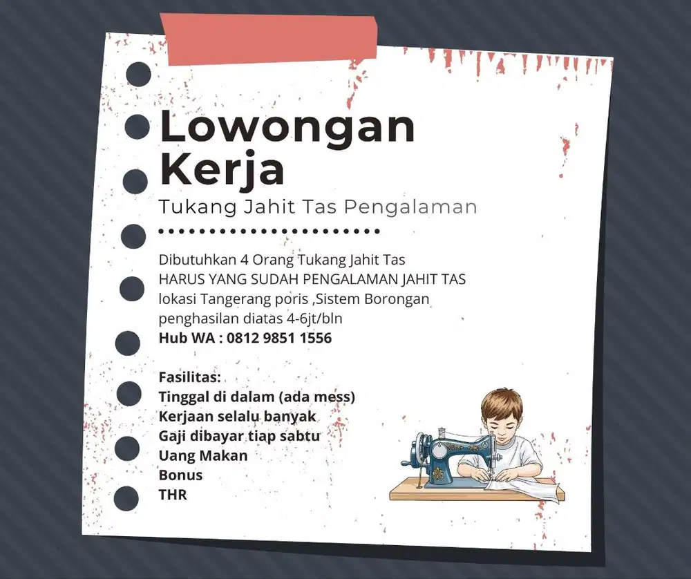 LOWONGAN KERJA TUKANG JAHIT TAS RANSEL YANG PENGALAMAN