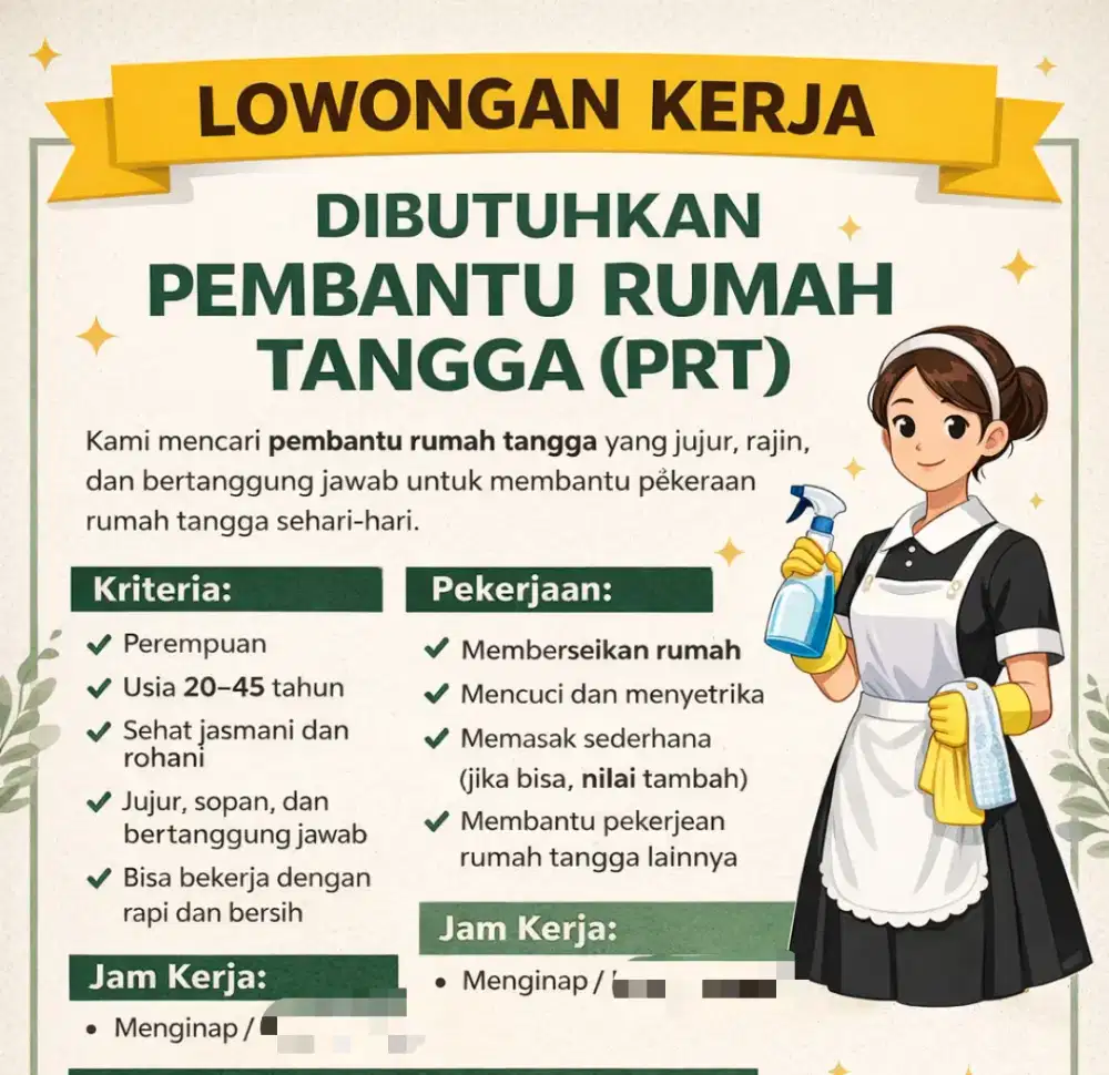 Dibutuhkan pembantu menginap