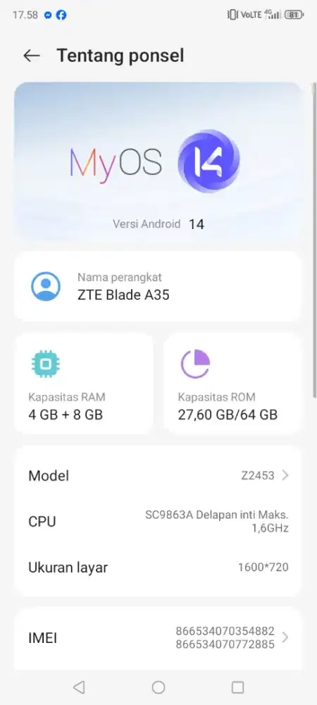 ZTE Blade a35 jual cepat