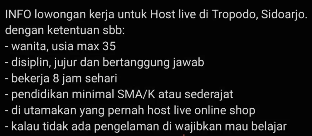 INFO lowongan kerja untuk Host live di Tropodo, Sidoarjo.