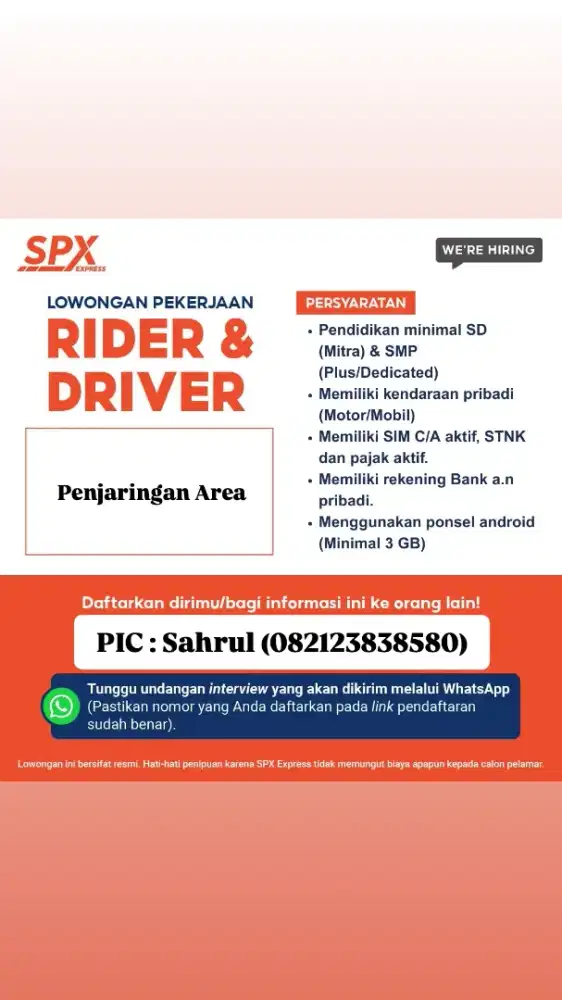 Dibutuhkan kurir Rider(motor) Dan kurir Driver(mobil) SPX Express