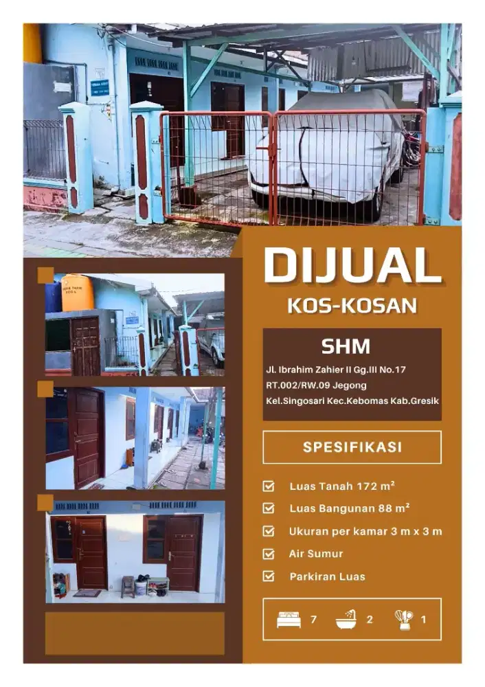 Jual Cepat Kos-kosan Putra Aktif 7 Kamar di Gresik, SHM, Omzet Ciamik.