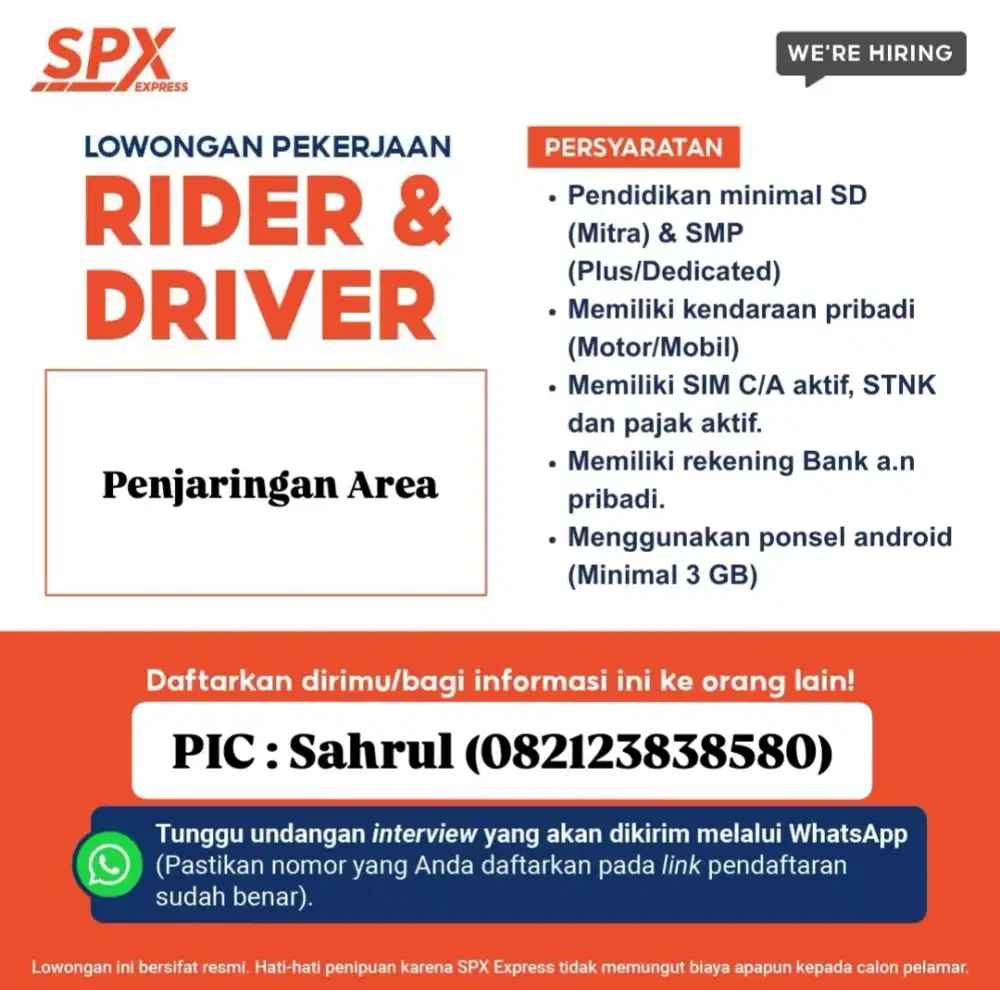 Dibutuhkan kurir Rider(motor) Dan kurir Driver(mobil) SPX Express
