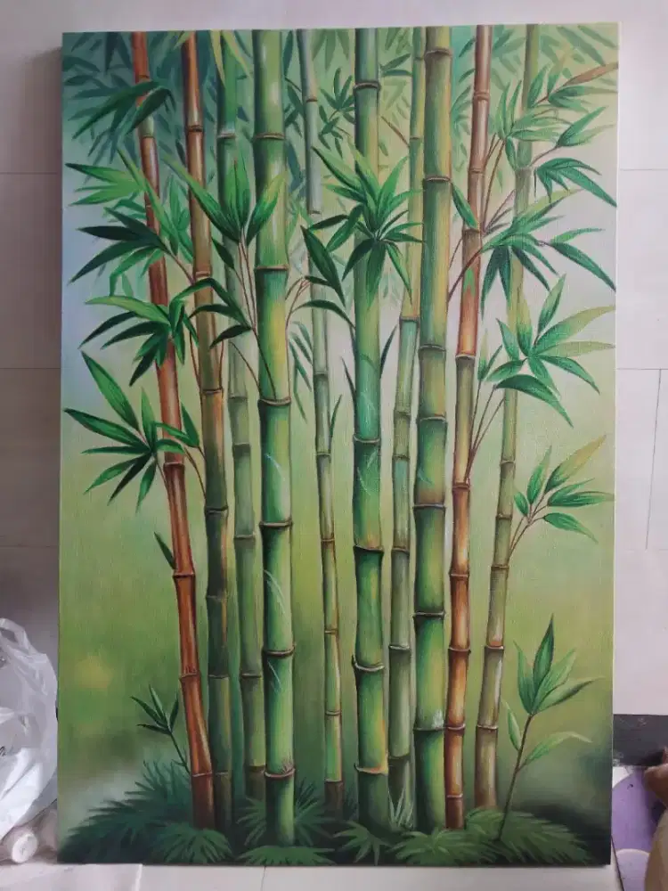 Dijual lukisan kanvas pemandangan pohon bambu 130x90 cm