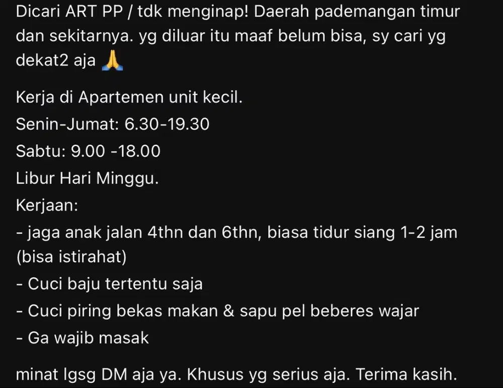 Dibutuhkan ART momong PP daerah Pademangan dan sekitarnya