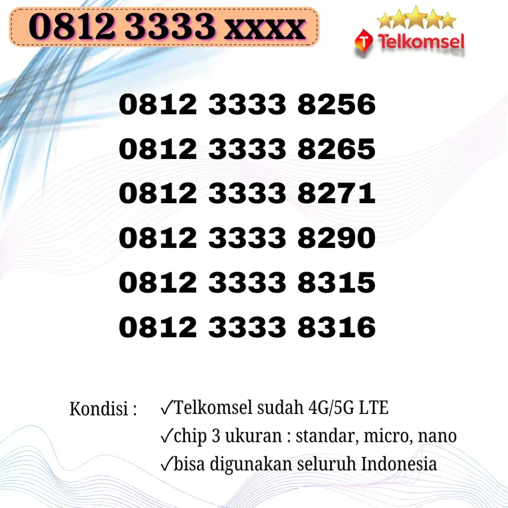 Nomor cantik 4G 5G kartu perdana Telkomsel seri KWARTET 3333
