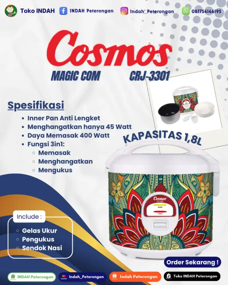 Cosmos CRJ-3301 Rice Cooker 3in1 Magic Com (1.8 Liter)