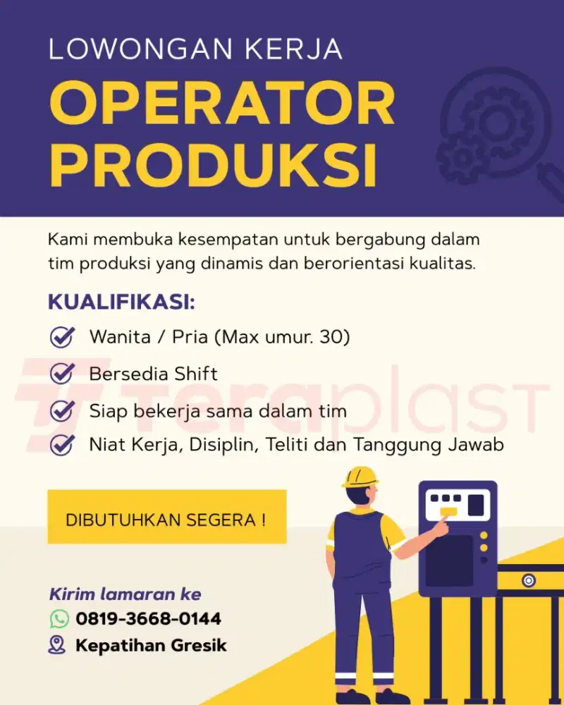 LOWONGAN KERJA OPERATOR PRODUKSI PLASTIK