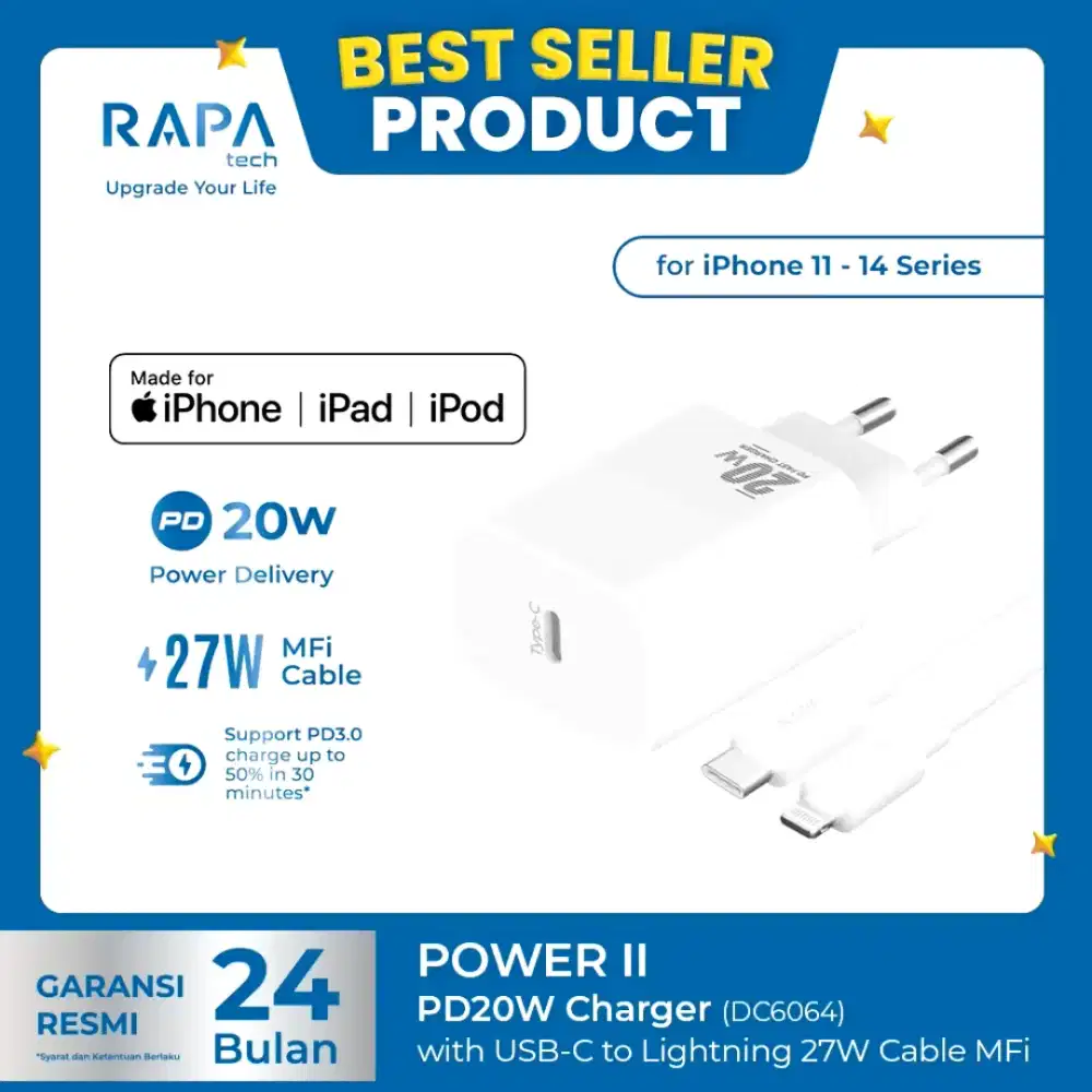RAPAtech Power II Charger for iPhone PD 20W/30W/45W MFi C to Lightning