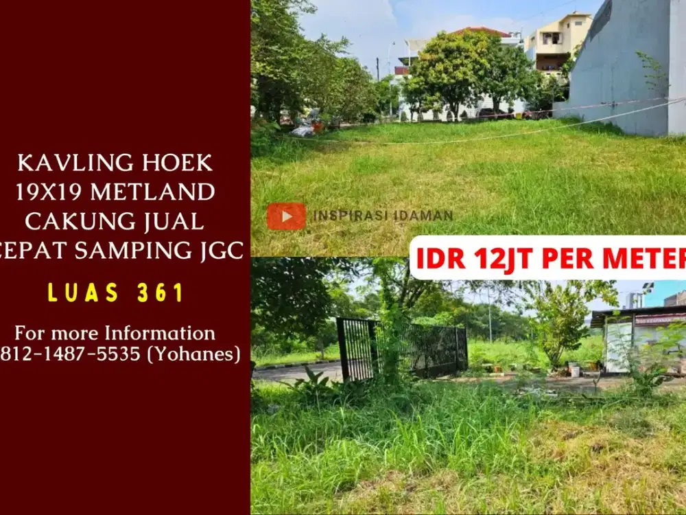 Kavling Hoek 19x19 Metland Cakung jual cepat samping JGC