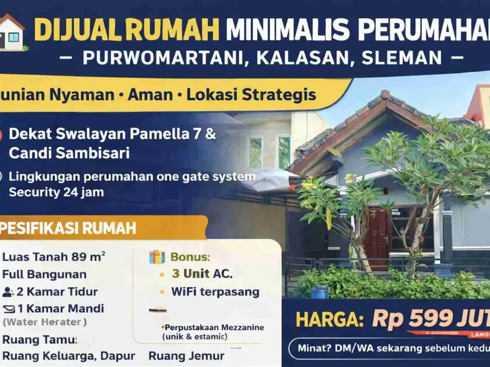 DIJUAL RUMAH MINIMALIS DALAM PERUMAHAN – PURWOMARTANI, KALASAN, SLEMAN