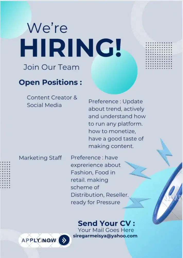 LOWONGAN PEKERJAAN Marketing Staff & Content Creator