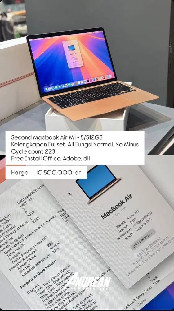 Macbook air chipset M1 8/512gb