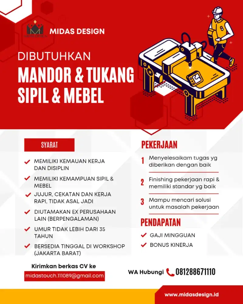 DIBUTUHKAN TUKANG SIPIL & MEBEL BERPENGALAMAN