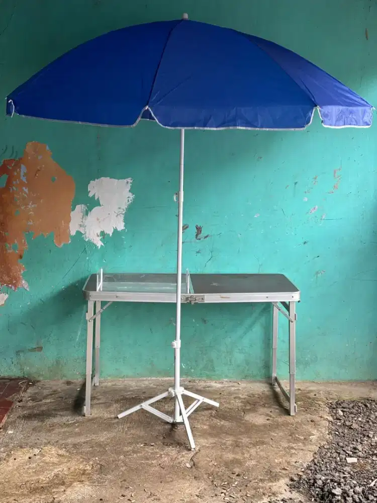 Meja lipat , payung jumbo + holder + akrilik uk 3mm 50x30x10
