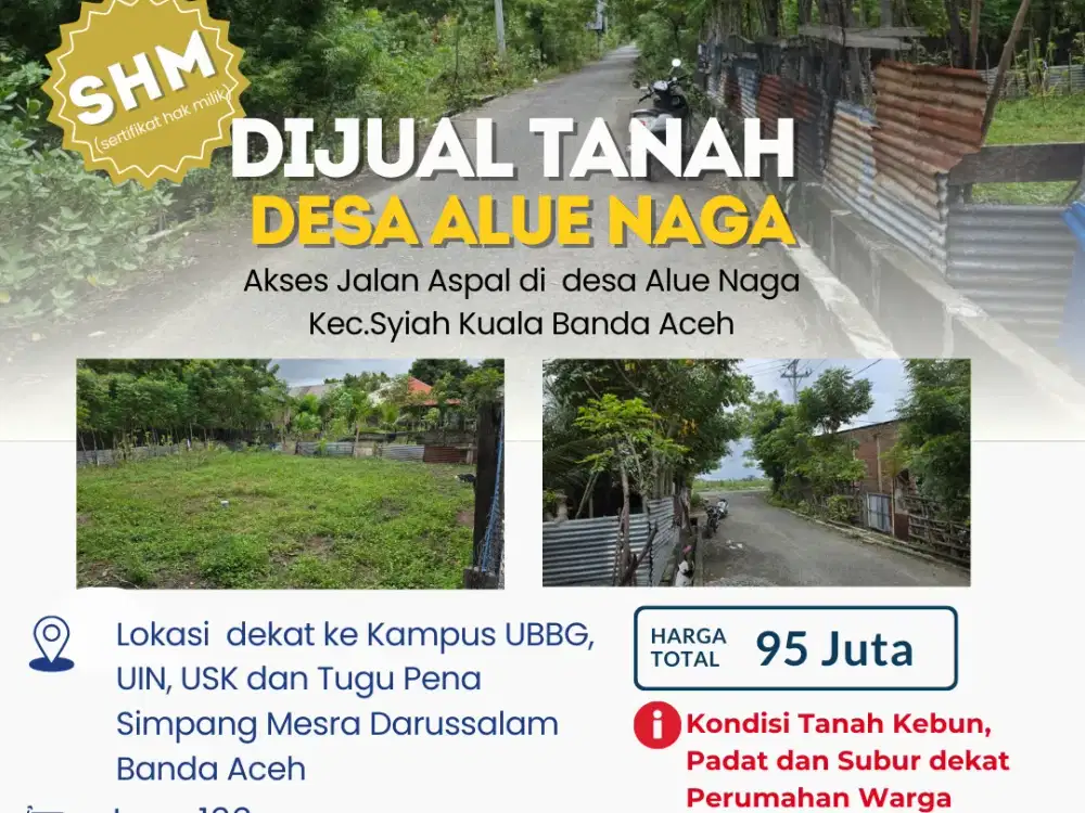 DIJUAL TANAH lLUAS 166 M2– DESA ALUE NAGA, BANDA ACEH