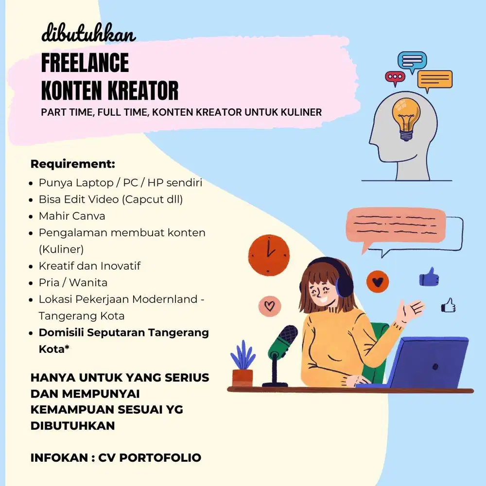 Dibutuhkan Freenlancer Part Time Konten Kreator untuk KULINER (Makanan