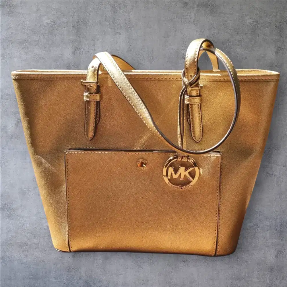[Like New] Shoulder MICHAEL KORS Jetset Leather Medium Tote Pale Gold