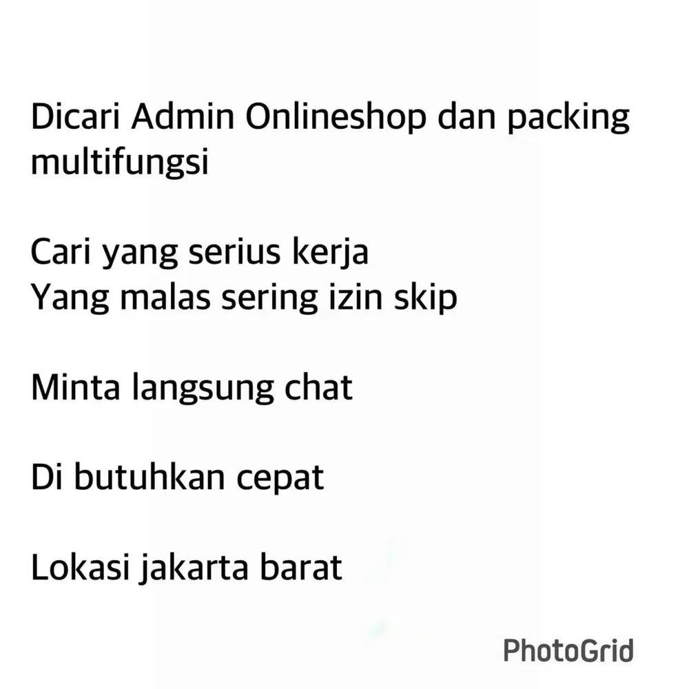 Dicari admin wanita Onlineshop dan bisa packing