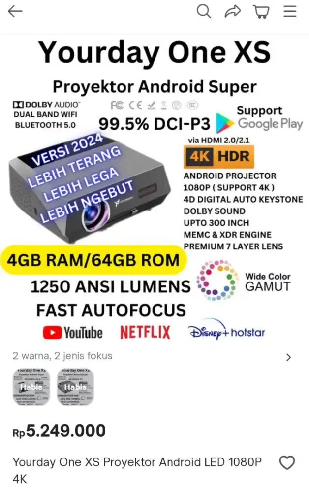 Proyektor android yourdey one xs, bekas masih oke jarang dipakai.