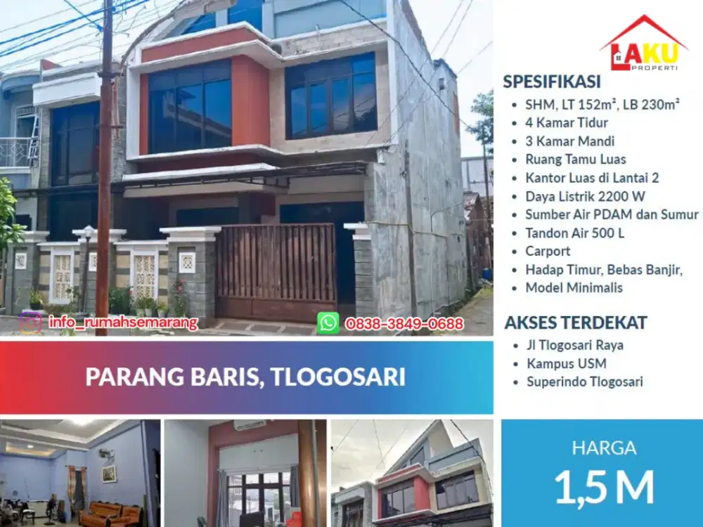 Dijual Rumah Luas 4 KT + Kantor di Tlogosari – Hadap Timur, SHM, Siap Huni