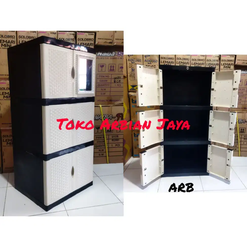 Promo murah lemari pakaian plastik mini kaca plus kunci 3 susun