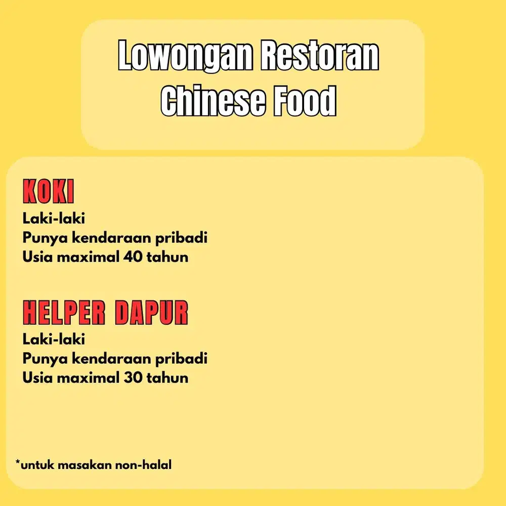 LOWONGAN RESTORAN CHINESE FOOD