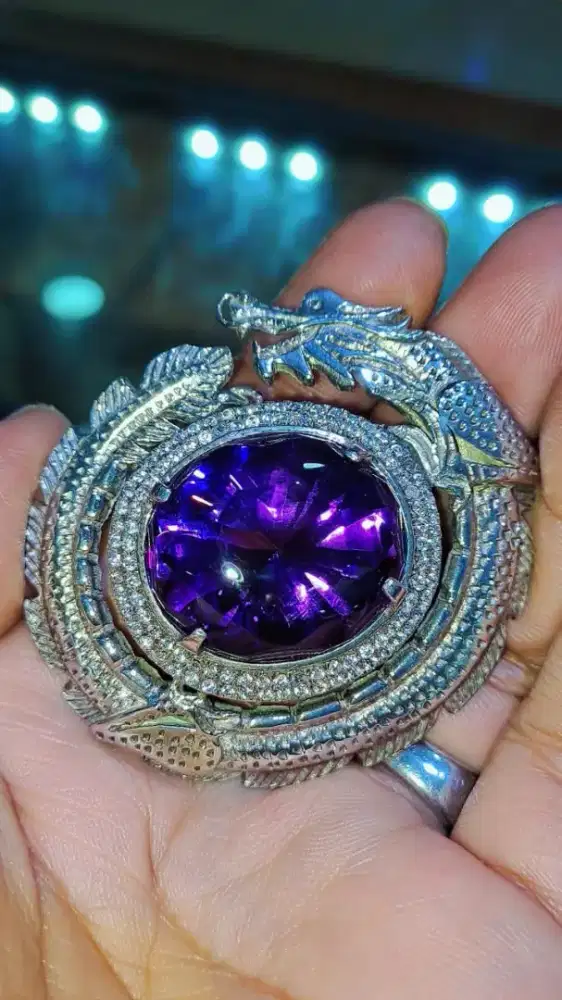 Natural amethyst 49crt/batu kecubung bentol top ring perak naga