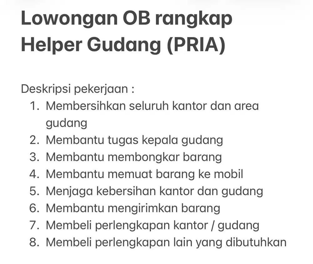 Lowongan OB rangkap Helper Gudang