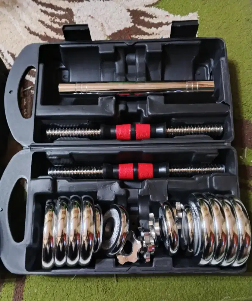 Barbell/Dumbell 15kg set besi silver chrome