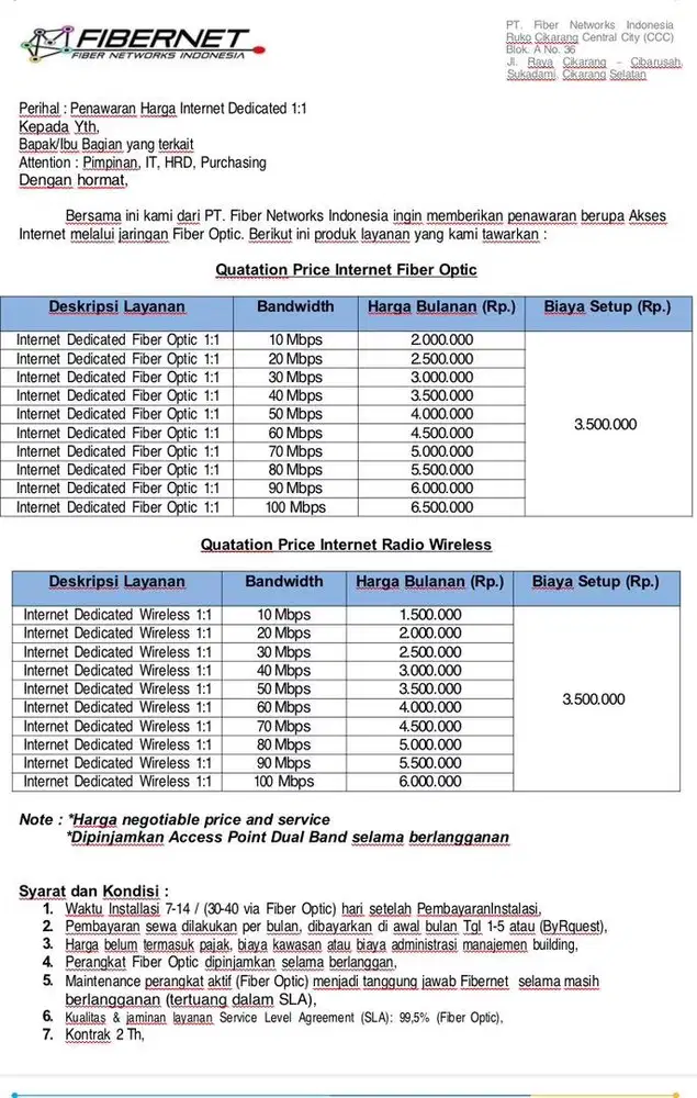 Fibernet internet dedicated dengan kecepatan 1:1
