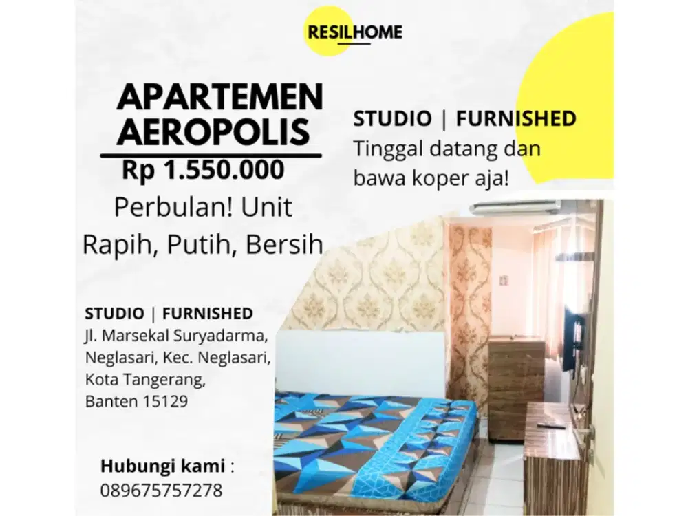 disewakan perbulan apartemen Aeropolis studio full furnished ar2 nuniainn seberang bandara Soekarno-Hatta Neglasari Tangerang Banten Furniture lengkap