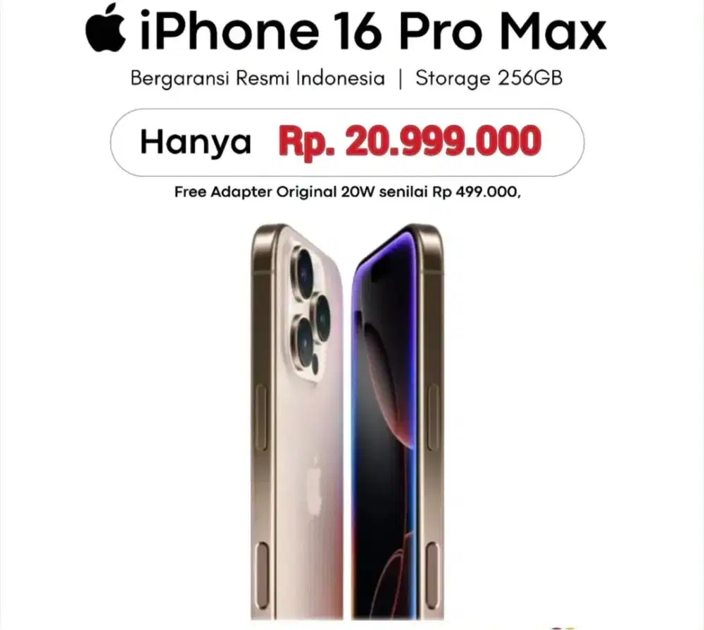 Kredit Iphone 16 Promax 256Gb Resmi Free 1x cicilan dan Adaptor 20W
