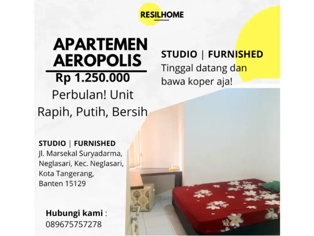 sewa bulanan apartemen Aeropolis Neglasari Tangerang Banten seberang bandara Soekarno-Hatta studio full furniture aeropolis residence 2 ar2 furnished lengkap termurah