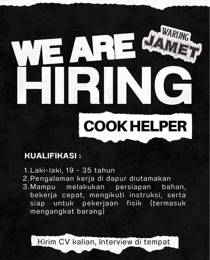 LOKER FNB: COOK HELPER (WIJAYA, JAKSEL)
