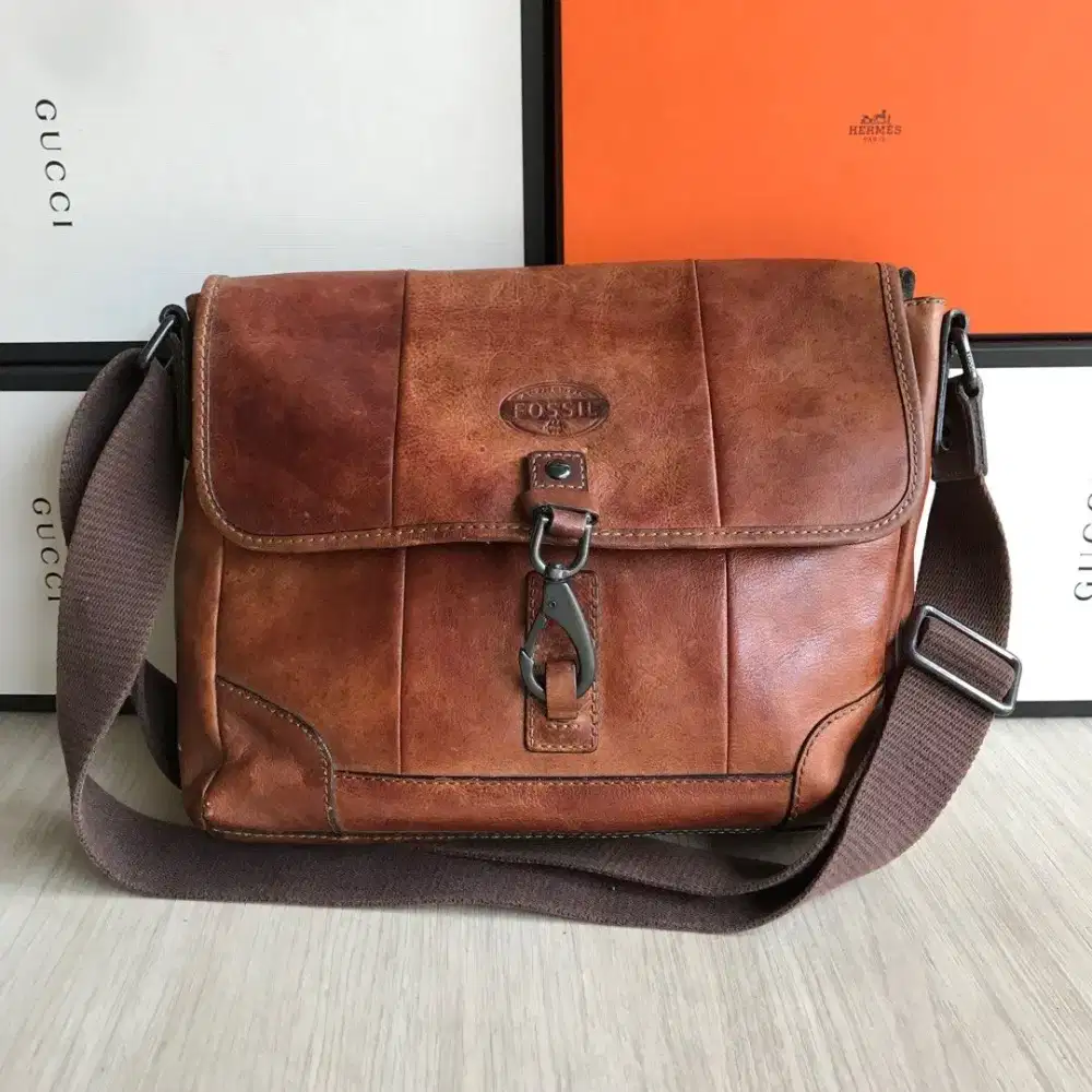 Fossil Brown Leather Kulit Tas Messenger Sling Bag Original Second