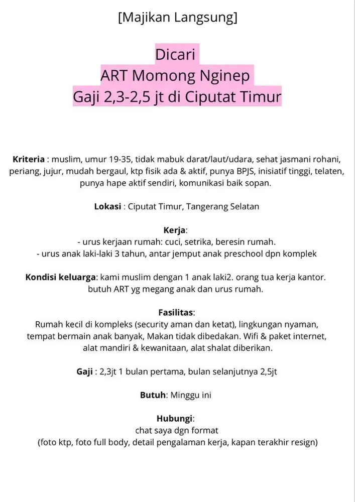 Dicari ART Momong Nginep 2,3-2,5jt di Ciputat