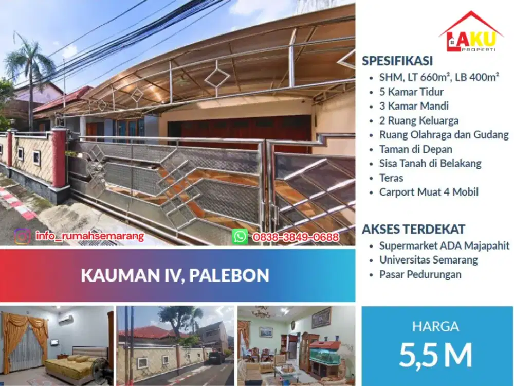 Rumah Besar Palebon Pedurungan – LT 660 m², SHM, Carport 4 Mobil, Home office, Guest house, atau Investasi