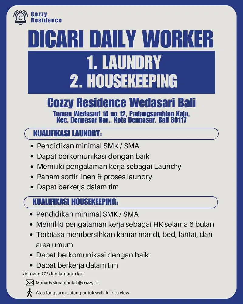 Dibutuhkan : Laundry & Housekeeping