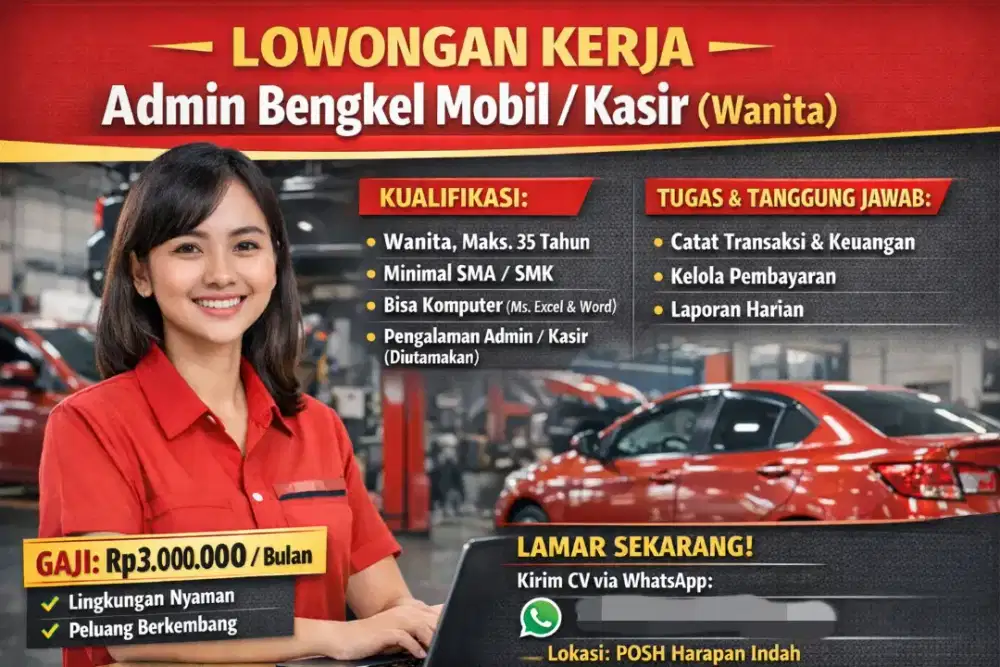 LOWONGAN KERJA
Admin Bengkel Mobil / Kasir (Wanita)