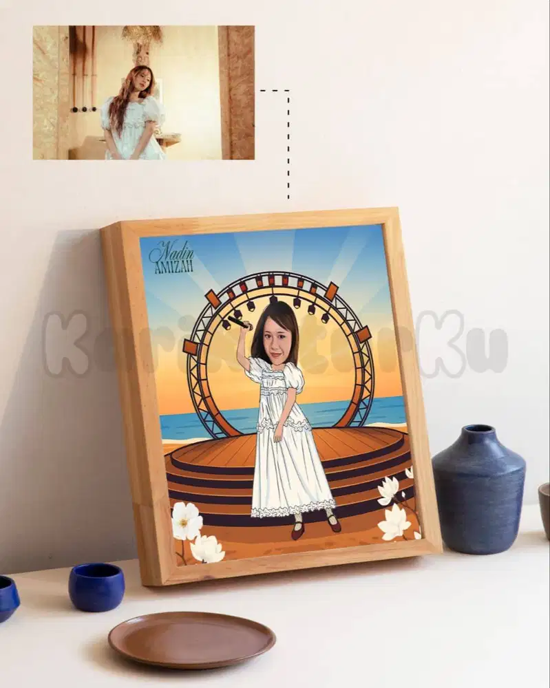 Karikatur Wajah Custom / Ilustrasi Foto Menjadi Karikatur + Frame Kayu