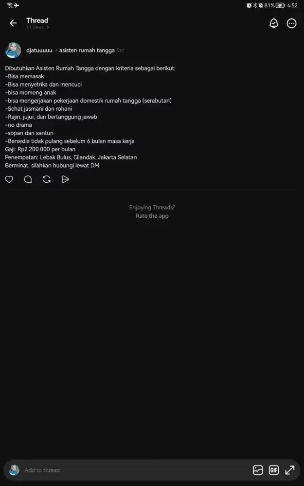 asisten rumah tangga perempuan (menginap)