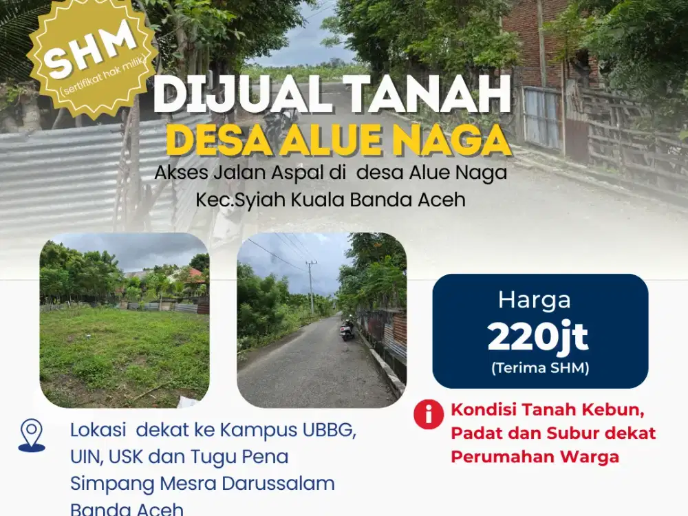 Dijual Tanah SHM 208 m² Akses Aspal di Desa Alue Naga, Syiah Kuala