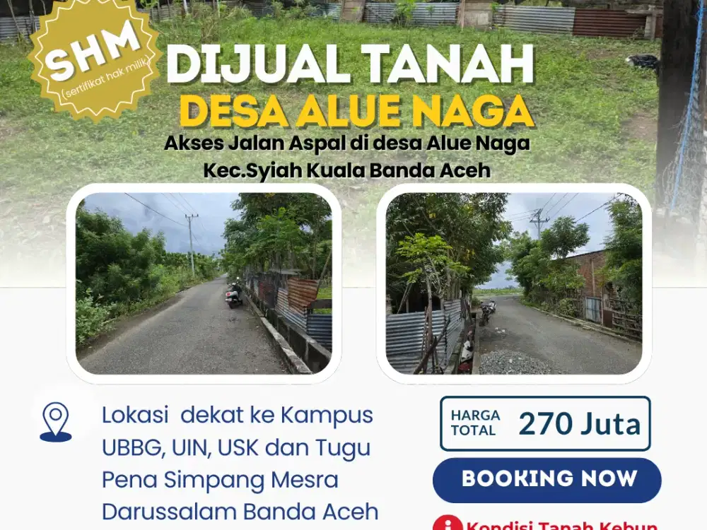Dijual Tanah SHM 260 m² Akses Aspal di Desa Alue Naga, Banda Aceh